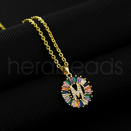 Brass Pave Colorful Cubic Zirconia Initial Ring Pendant Necklaces FS-WGF1437-13-1