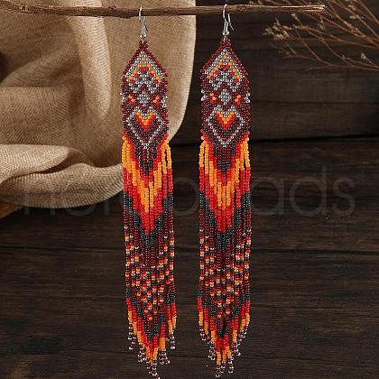 Bohemian Style Handmade Glass Seed Beads Rhombus Pattern Tassel Dangle Earrings VU9646-1-1