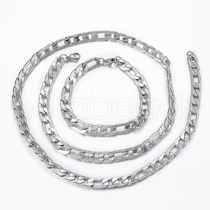 Trendy Men's 201 Stainless Steel Curb Chain Necklaces & Bracelets Sets SJEW-L186-03P-A-1
