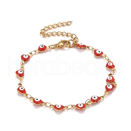Enamel Heart with Evil Eye Link Chains Bracelet BJEW-P271-07G-01-1