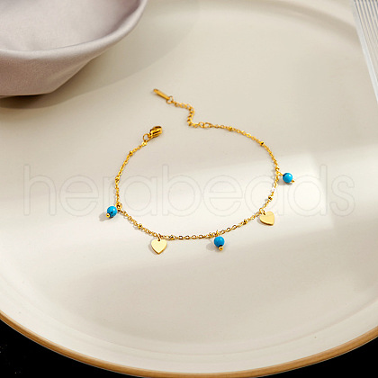 304 Stainless Steel & Round Synthetic Turquoise Charm Anklets FS-WGA577E-04-1
