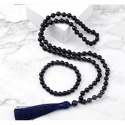 Synthetic Blue Goldstone Round Beaded Pendant Necklaces & Bracelets Sets FS-WG9D102-25-1