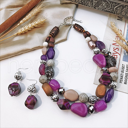 Wood Beaded Double Layer Necklaces & Dangle Earrings Sets FS-WGB5610-10-1
