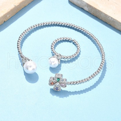 Heart Clover Brass Micro Pave Cubic Zirconia Cuff Bangles & Rings Sets for Women SJEW-R002-02P-01-1
