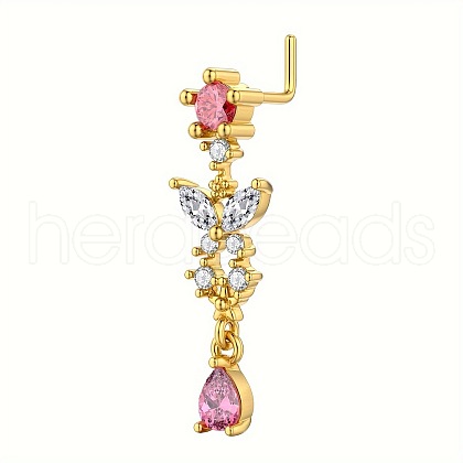 Brass Pave Hot Pink Cubic Zirconia Dangle L-Shaped Nose Rings FS-WG9779A-04-1
