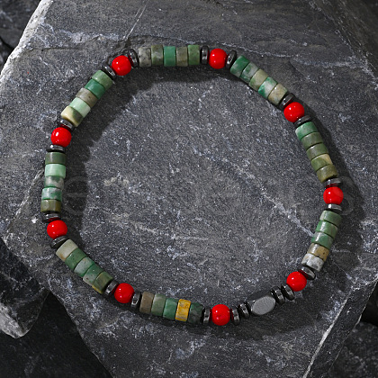 Bohemian Style Column Natural Green Spot Jasper & Red Coral Beads Stretch Bracelets for Men Women HT9470-1