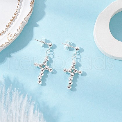 Brass Beaded Cross Dangle Stud Earrings EJEW-JE06479-03-1