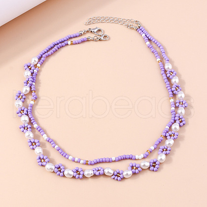 2Pcs Flower Glass Seed Beaded with Plastic Pearl Beaded Necklace Sets for Women FS-WGE85A7-23-1