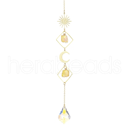 Wire Wrapped Nuggets Natural Quartz Rhombus Hanging Ornaments HJEW-JM02397-1