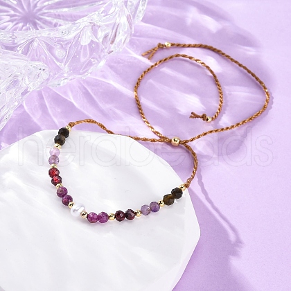 Faceted Round Natural Grey Agate & Red Agate & Amethyst Braided Bead Bracelets BJEW-F493-09G-03-1