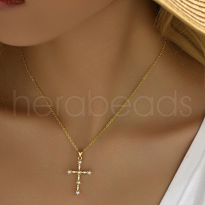 Elegant Brass Pave Clear Cubic Zirconia & White Imitation Pearl Cross Pendant Necklaces for Women JU1999-1