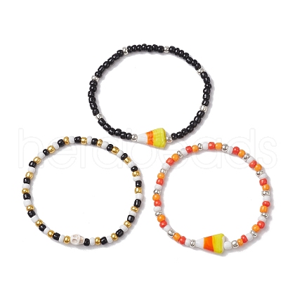3Pcs 3 Styles Halloween Skull & Candy Corn Acrylic and Synthetic Magnesite Bracelet Sets BJEW-JB10525-1