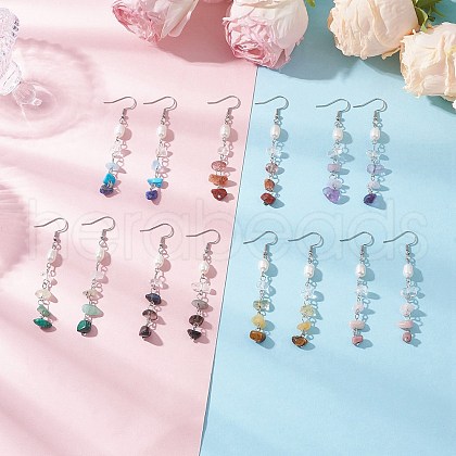 Natural Cultured Freshwater Pearl with Natural & Synthetic Gemstone Dangle Earrings EJEW-JE06459-1