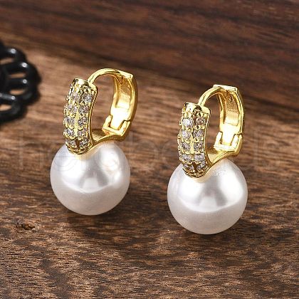 Plastic Pearl Dangle Hoop Earrings with Clear Cubic Zirconia EJEW-A070-08G-1