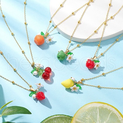 6Pcs 6 Styles Resin Fruit Pendant Necklaces NJEW-JN05204-1