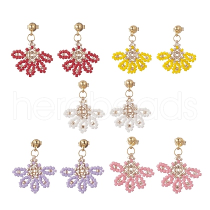 Glass Seed Braided Flower Dangle Stud Earrings EJEW-MZ00048-1