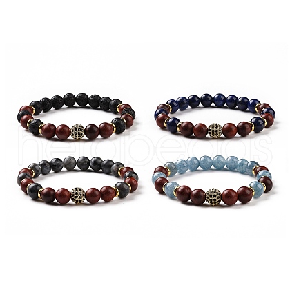 4Pcs Natural Larvikite & Quartz(Dyed) & Lava Rock & Lapis Lazuli and Wood Beads Stretch Bracelets Set BJEW-JB08934-1