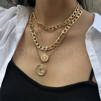 Punk Flat Round with Human Pattern Alloy Multi Layered Necklaces FS-WG0D034-01-1