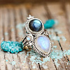 Teardrop & Oval Bohemian Style Zinc Alloy with Resin Imitation Moonstone/Rhinestone Finger Rings FS-WGFB6C4-02-2