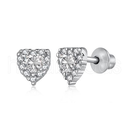 Rhodium Plated 925 Sterling Silver Micro Pave Cubic Zirconia Heart Stud Earrings for Woman EJEW-P231-75B-1