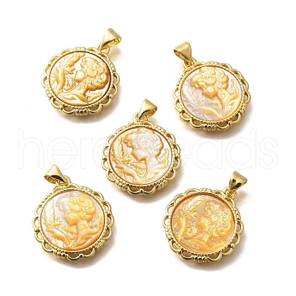 Brass with Natural Shell Carved Pendants KK-Z091-05G-03-1
