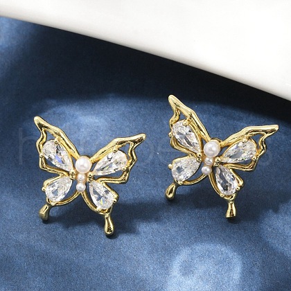 Butterfly Brass Micro Pave Cubic Zirconia Stud Earrings EJEW-M082-17G-02-1