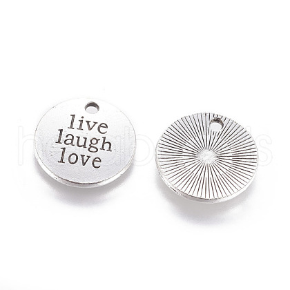 Tibetan Style Alloy Flat Round Carved Word Live Laugh Love Message Pendants TIBEP-12582-AS-RS-1