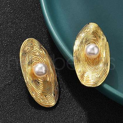 Oval Brass ABS Plastic Imitation Pearl Stud Earrings EJEW-S258-04G-1