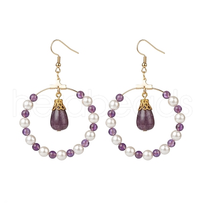 Shell Pearl & Natural Amethyst Beaded Big Ring with Teardrop Dangle Earrings EJEW-JE05044-1