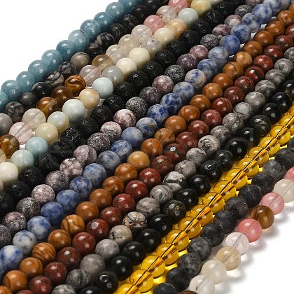 Natural Wood Lace Stone/Blue Spot Jasper/Black Netstone/Opal/Cherry Blossom Glass Beads Strands G-P562-C-02-1