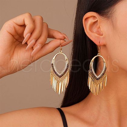 Brass Rhinestone Teardrop Tassel Chandelier Earrings EJEW-U058-02G-1