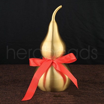Brass Hollow Tilted Head Gourd Statue Ornament with Red Luck Strip DJEW-PW0018-03E-1