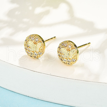 Flat Round with Butterfly Brass Micro Pave Clear Cubic Zirconia Stud Earrings EJEW-H162-02G-1