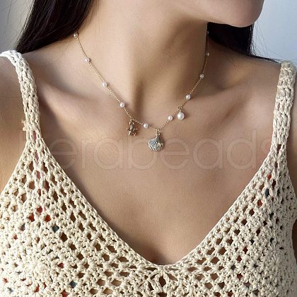 Summer Beach Alloy & Plastic Pearl Starfish Shell Shape Pendant Necklaces for Women FS-WGF3BD7-07-1