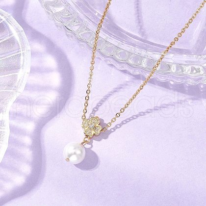 Brass Micro Pave Clear Cubic Zirconia & Shell Pearl Round Clover Pendant Necklaces NJEW-JN05261-01-1
