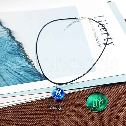 Zinc Alloy & Luminous Blue Glass Flat Round with Constellation Pendant Black Waxed Cord Necklaces WG9F396-12-1