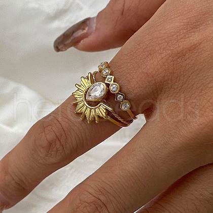 304 Stainless Steel Micro Pave Cubic Zirconia Finger Cuff Rings Sets for Women RJEW-K296-06G-1