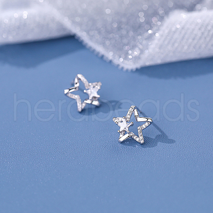 925 Sterling Silver Clear Cubic Zirconia Star Stud Earrings CK5950-1