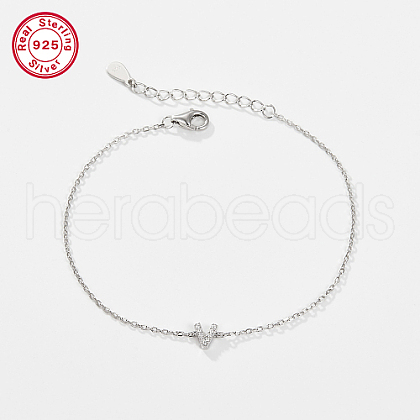 Rhodium Plated 925 Sterling Silver Letter Cubic Zirconia Link Bracelets GI2156-22-1