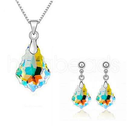 Teardrop Alloy with Glass Pendant Necklace & Stud Dangle Earring FS-WGCA95A-02-1