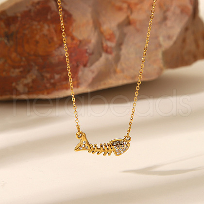 Stainless Steel Crystal Rhinestone Fish Bone Pendant Necklaces for Women RG3974-1