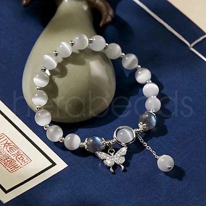 Butterfly Alloy & Cat Eye & Natural Moonstone Round Beaded Charm Bracelets for Women WG9D4EC-01-1