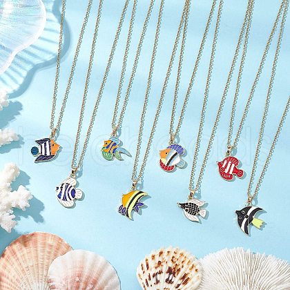 8Pcs 8 Styles Ocean Theme Alloy Enamel Fish Pendant Necklaces NJEW-JN05228-1