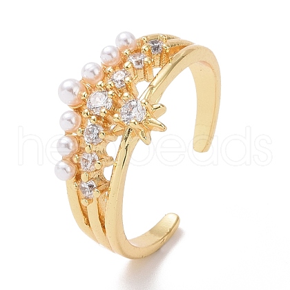 Clear Cubic Zirconia Star Open Cuff Ring with Acrylic Pearl Beaded RJEW-P032-12G-1