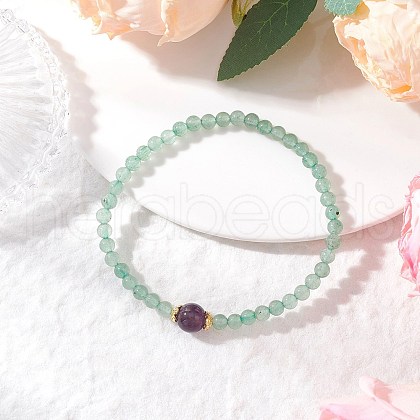 Natural Green Aventurine & Amethyst Round Beaded Stretch Bracelets for Women BJEW-JB11928-02-1