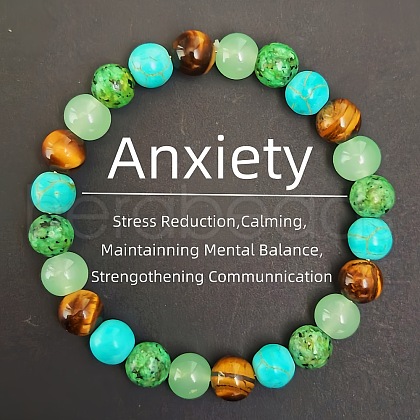 Round Natural Tiger Eye & Green Spot Jasper & Synthetic Turquoise & Glass Beads Stretch Bracelets for Girl Women FS-WGE0C43-02-1
