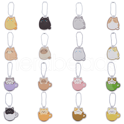 HOBBIESAY 16 Sets 16 Style Cartoon Cute Cat Animal  Acrylic Pendant Decoration with Iron Ball Chain HJEW-HY0001-06-1