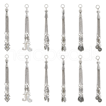 DICOSMETIC 12Pcs 6 Style Tibetan Style Alloy Curb Chain Tassel Big Pendants FIND-DC0003-18-1