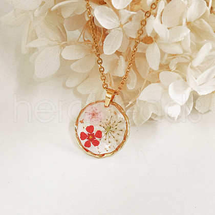 Alloy & Plastic Inner Flower Flat Round Pendant Necklaces FS-WG8915D-02-1