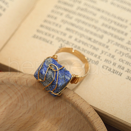 Nuggets Alloy Wire Wrapped Natural Lapis Lazuli Cuff Rings FS-WGA7830-17-1